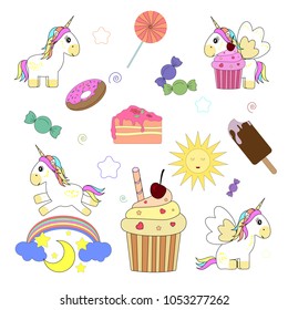 Cute unicorns and sweets. Vector illustration.