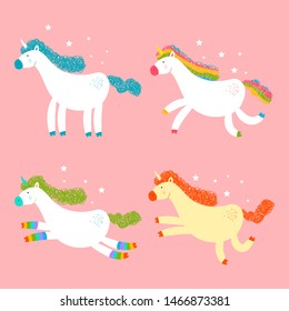 Cute unicorns vector cartoon characters set isolated on pink background.