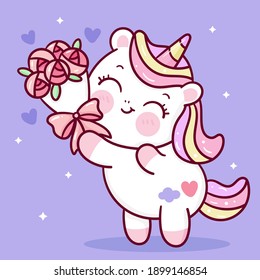 Cute Unicorns Vector Holding Rose Flower Sweet Pony Cartoon Pastel Background Valentines Day Lover Gifts: Series Fairy Tale Characters Kawaii Animals Horse (flat Girly Doodles). Perfect Nursery Child.