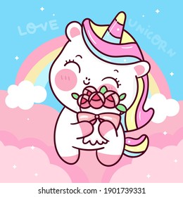 Cute Unicorns Vector Holding Rose Flower With Rainbow Kawaii Animals Sweet Pony Cartoon Pastel Background Valentines Day Lover Gifts: Series Fairy Tale Characters Horse (flat Girly Doodles). Perfect.