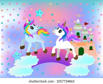 Cute Unicorns with,Star,colorful rainbow,Castle,pastel background.fantasy fairy tale concept.confetti and other elements.cute cartoon style.for paint,fabric clothes,poster,greeting card,party,banner