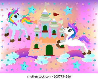 Cute Unicorns with,Star,colorful rainbow,Castle,pastel background.fantasy fairy tale concept.confetti and other elements.cute cartoon style.for paint,fabric clothes,poster,greeting card,party,banner