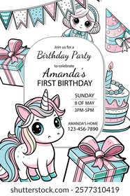 Cute unicorn-themed first birthday party invitation with pastel decorations, gifts, and a playful cake. Perfect for creating personalized invitations for children’s parties and celebrations.