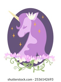 Cute unicorn,vector illustration.cute unicorn head isolated icon in dark oval frame. Simple flat line doodle icon  element isolated.illustration of decoration with flowers, plants, stars.