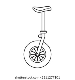 Un Bicicleta. Una página de color con una ilustración vectorial plana de tipo caricatura de un Unicycle representada en una vista lateral. Las líneas son negritas y uniformes en espesor. 