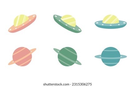 Cute unidentified flying object with star ring doodle cartoon icon flat vector design