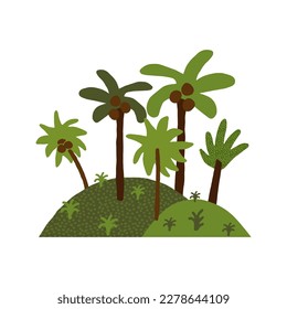 Cute uninhabited tropical island icon. Various funny exotic coconut palms. Explore, traveling, paradise life, adventures symbol. Childish hand-drawn illustration.
