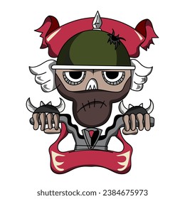 A cute and unique biker symbol. Bikers cartoon. Illustration of a rider with a winged helmet and horned gloves