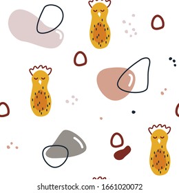 Cute unique easter spring pattern in simple minimalist memphis style with geometric bold objects and mustard yellow chickens. Modern vector digital paper for print on fabric or wrapping paper for kids