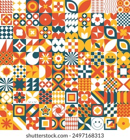 Cute Unique Geometrical Form Abstract background. Random Colorful Rainbow Shapes combination endless pattern. Creative Vintage Retro Style Tiling Grid. Printable Editable for gift wrap, cover, etc.