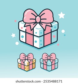 Cute and unique gift box vector with a rounded shape and big ribbon, available in cheerful pastel colors and a black-and-white version. Perfect for celebration and holiday-themed projects!