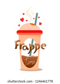 A cute and unique glass of Frappe drink in pink color, with a straw and hearts, with volumetric text in the style of liquid. Illustration in cartoon style on white background