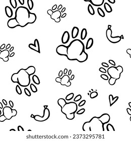 Cute, unique print with cat or dog paws and pads on a white background. Vector, pattern for textiles, packaging and wallpaper.