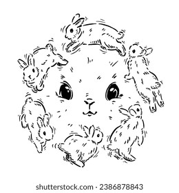 A cute and unique rabbit design vector with a very adorable depiction of a face surrounded by rabbits running around