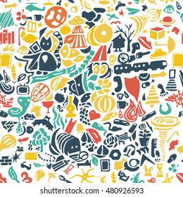 Cute unique seamless background. Hand drawn elements of daily life on pattern. Colorful funny decor with imagining world. Different things.