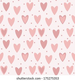 Cute unique seamless pattern with hand drawn hearts and dots