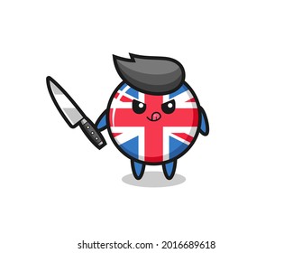 linda mascota de insignia de la bandera del reino unido como psicópata sujetando un cuchillo, diseño de estilo lindo para camiseta, pegatina, elemento logo