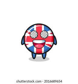 cute united kingdom flag badge character with hypnotized eyes , cute style design for t shirt, sticker, logo element
