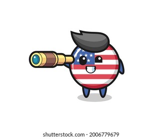 cute united states flag badge character is holding an old telescope , cute style design for t shirt, sticker, logo element
