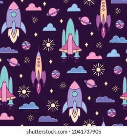 Cute universe seamless pattern with asteroids, planets, spaceship and rockets. Repeat print background. Vector illustration. Great for kids and celestial projects. Surface pattern design.