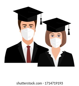 Cute university graduates in bonnets and medical masks. Quarantine 2020 graduation concept. Girl and guy graduates couple, vector illustration