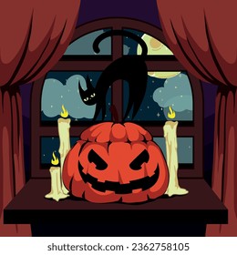 cute unlucky black kitten posing on top of a halloween pumpki