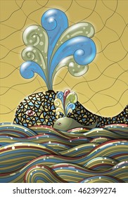 Cute unusual cartoon decorative whale and calf in the sea or ocean. Fountain of water. Vector illustration. EPS 10