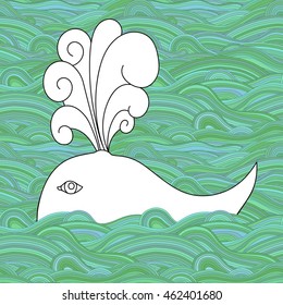 Cute unusual cartoon decorative whale in the sea or ocean. Fountain of water. Vector illustration. EPS 10