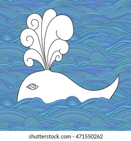 Cute unusual cartoon decorative whale in the sea or ocean. Fountain of water. Vector illustration. EPS 10