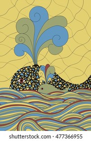 Cute unusual cartoon decorative whale and calf in the sea or ocean. Fountain of water. Vector illustration. EPS 10