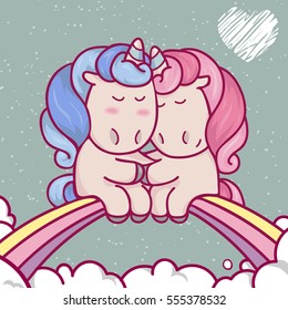 cute unusual cartoon unicorns in love sitting on a rainbow. Valentine's day character card.Happy couple. Invitation, flyers, stickers, t-shirt, cup or bag design.