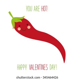 Cute unusual hand drawn Valentines Day card with funny cartoon character of hot chili pepper and hand written note 