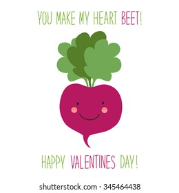 Cute unusual hand drawn Valentines Day card with funny cartoon character of beet and hand written note 