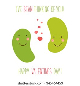 Cute unusual hand drawn Valentines Day card with funny cartoon characters of beans and hand written note 