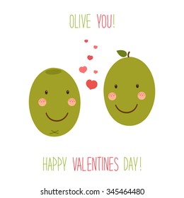 Cute unusual hand drawn Valentines Day card with funny cartoon characters of olives and hand written note 