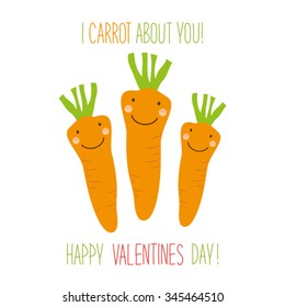 Cute unusual hand drawn Valentines Day card with funny cartoon characters of carrots and hand written note 