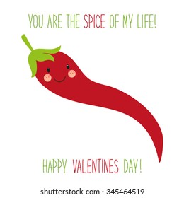 Cute unusual hand drawn Valentines Day card with funny cartoon character of hot chili pepper and hand written note 