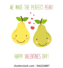 Cute unusual hand drawn Valentines Day card with funny cartoon characters of pears and hand written note