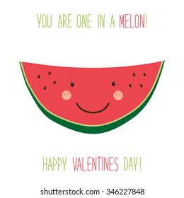 Cute Unusual Hand Drawn Valentines Day Card With Funny Cartoon Character Of Melon And Hand Written Note