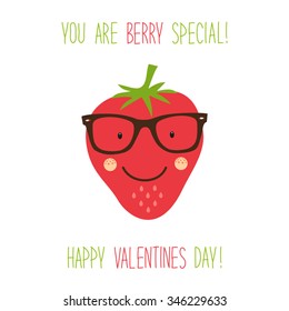 Cute unusual hand drawn Valentines Day card with funny cartoon character of strawberry and hand written note