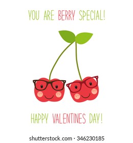 Cute unusual hand drawn Valentines Day card with funny cartoon character of cherry and hand written note