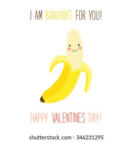 Cute unusual hand drawn Valentines Day card with funny cartoon character of banana and hand written note