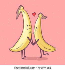 Cute unusual hand drawn Valentines Day card with funny cartoon character of banana. Happy couple. Cartoon fruits. Invitation, card, flyers, stickers, t-shirt, cup or bag design.