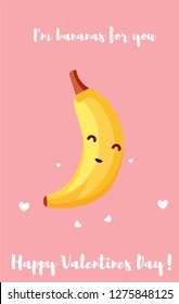 Cute unusual Valentines day card with funny cartoon character of banana vector illustration
