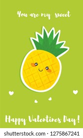 Cute unusual Valentines day card with funny cartoon character of pineapple