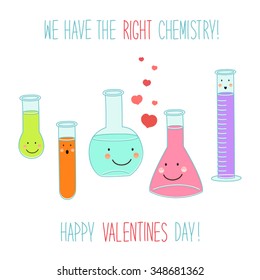 Cute unusual Valentines Day card with funny hand drawn cartoon characters of laboratory tubes and beakers and hand written text about chemistry of love