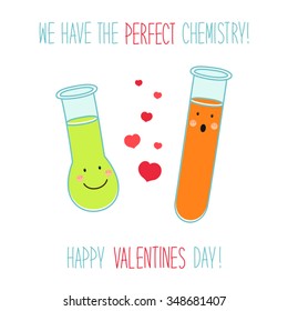 Cute Unusual Valentines Day Card With Funny Hand Drawn Cartoon Characters Of Laboratory Tubes And Beakers And Hand Written Text About Chemistry Of Love