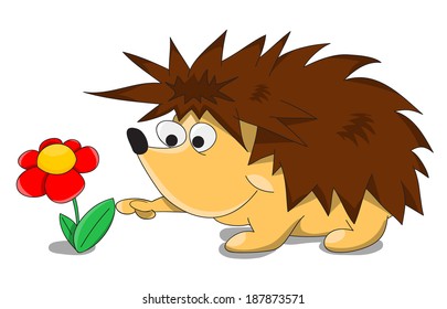 Cute unusual vector cartoon hedgehog with flower