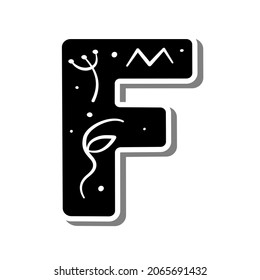 Cute uppercase alphabet 'F' with doodle pollen, leaf and dots on white silhouette and gray shadow. Lovely letter design for decoration. Vector Illustration about lettering.
