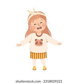 Cute upset little girl crying. Adorable unhappy girl dressed casual clothes cartoon vector illustration